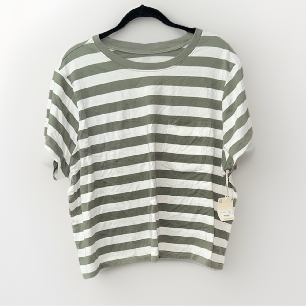 a.n.a Olive Green & White Striped Crew Neck Tee